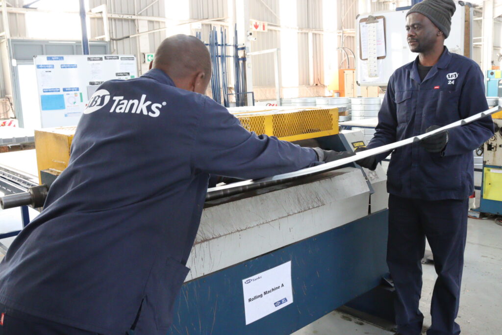 SBS Tanks manufacturing steel water tank panels and components at its Pinetown factory.